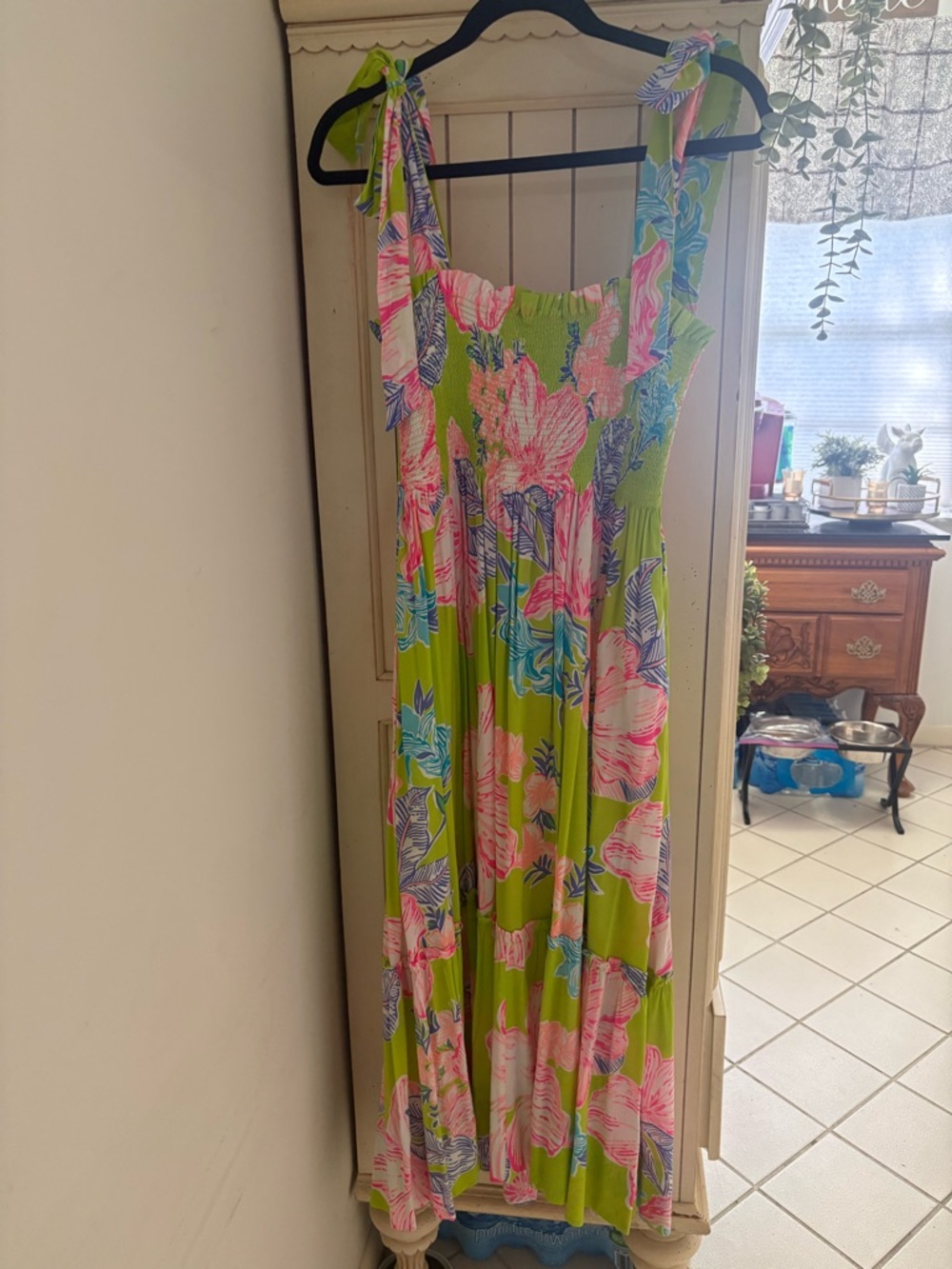 Lilly Pulitzer Lime Green Floral Maxi Dress with Pink and Blue Accents